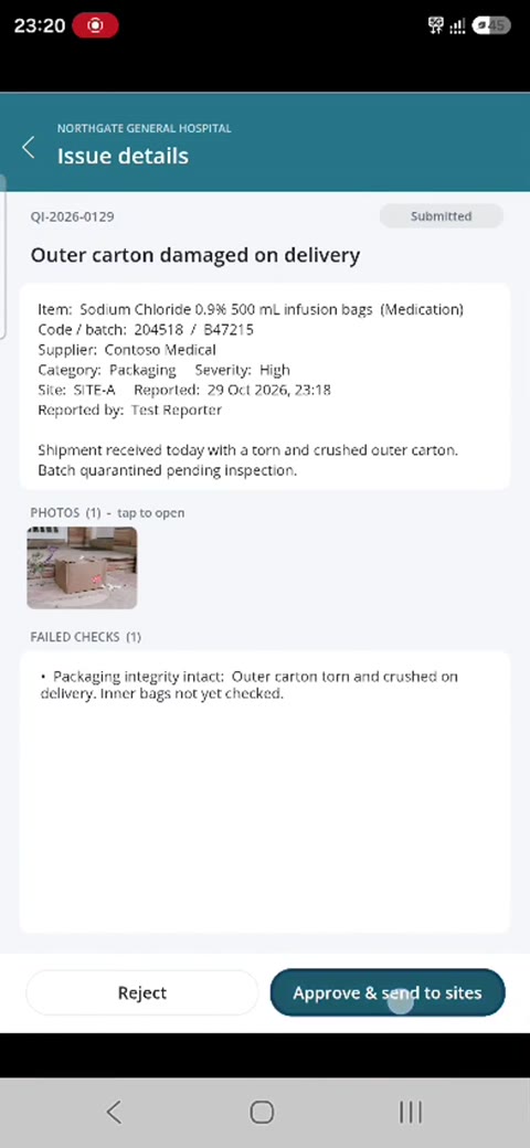 Issue details screen with Approve and send to sites button