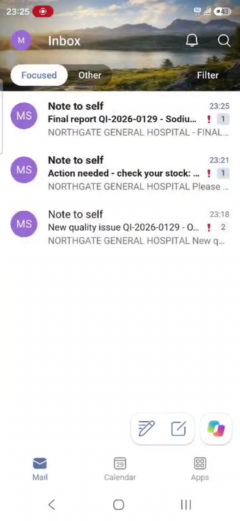 Inbox with the new issue, stock check and final report emails at 23:18, 23:21 and 23:25